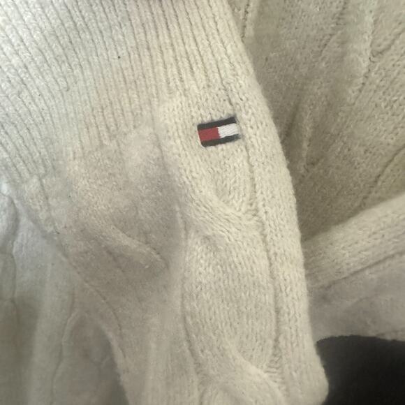 TOMMY HILFIGER Fisherman Sweater Lux Cotton Mens L Ivory shawl collar cable knit - Picture 5 of 8